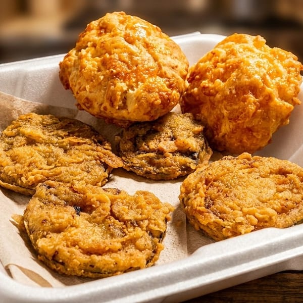 Fried green tomatoes and biscuits in a white takeout container on a wooden table.