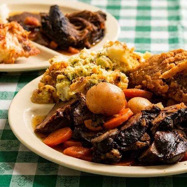 Two plates of comfort food on a green and white checkered tablecloth, featuring fried chicken, pot roast, and vegetables.