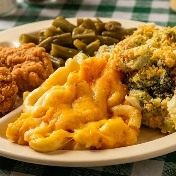 A plate of fried chicken, macaroni and cheese, green beans, and broccoli casserole on a checkered tablecloth.