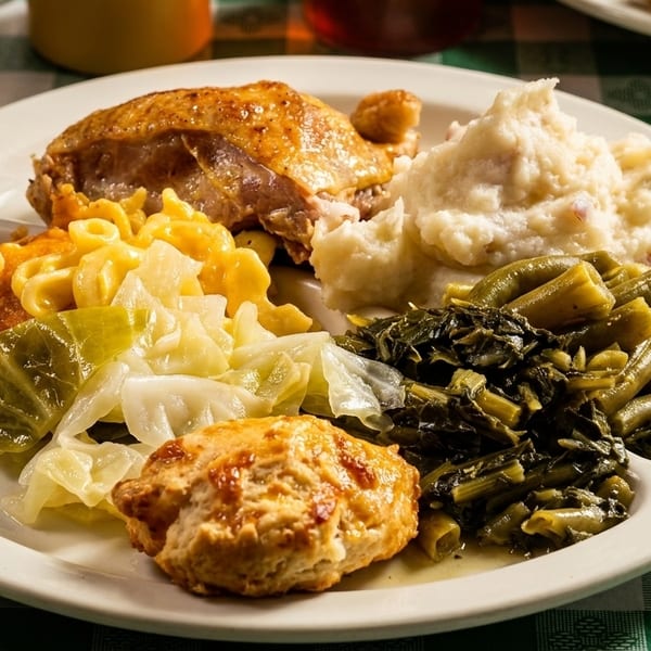 A plate of Southern comfort food with fried chicken, mashed potatoes, mac and cheese, and greens.